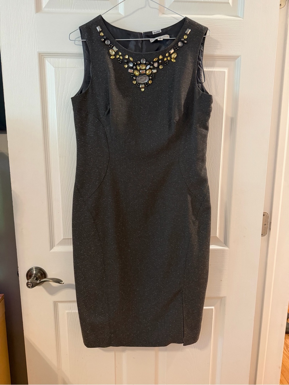 Sandra Darren Grey Midi Dress with Jeweled Neckline